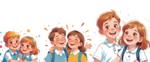 Un grupo de niños ilustrados con expresiones de felicidad y entusiasmo, representando la emoción que vivencian día a día en neurozen con la integración de la lúdica y la tecnología para potenciar el neurodesarrollo en un ambiente seguro y estimulante en Bogotá.